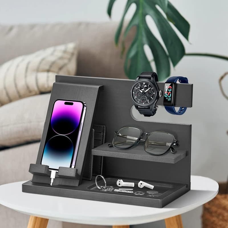 Wood Phone Docking Station - Birthday Gift for Men, Desk Organizer