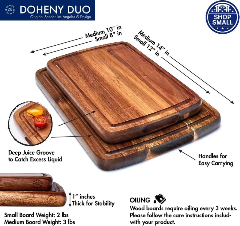 Acacia Wood Cutting Boards Set with Juice Groove - Gift Boxed