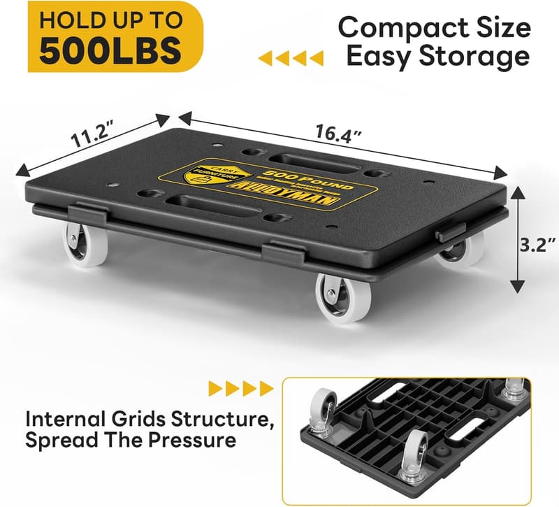 Heavy-Duty Furniture Dolly for Moving - 500 lbs Capacity, 2 Pack