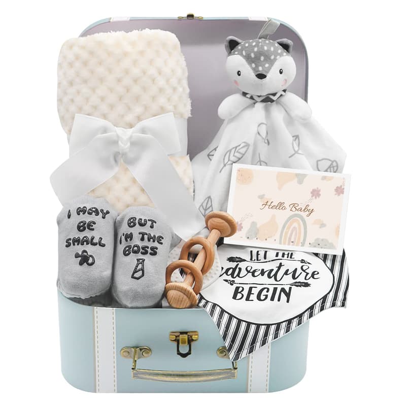Baby Shower Gift Set for Boys - Newborn Blanket, Rattle, Bibs & Card