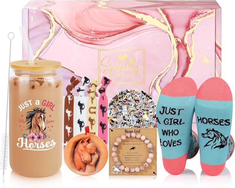 Horse Lover 6-Piece Gift Set: Tumbler, Socks, Stickers, Ornament, Hair Accessories