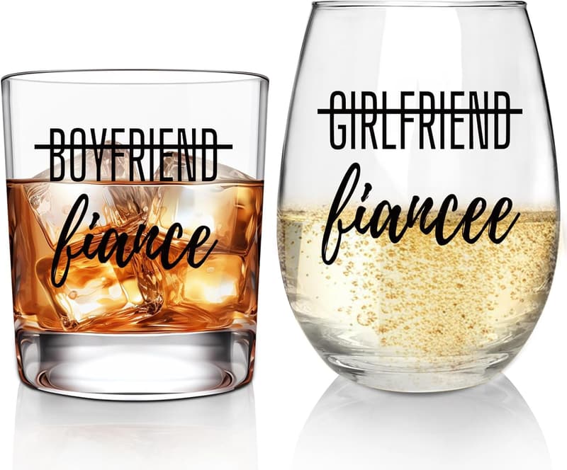 Engagement Gift Set - Wine & Whiskey Glasses for Couples
