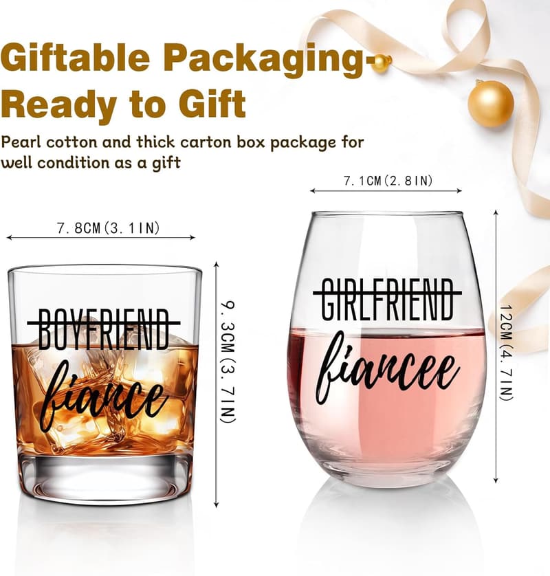 Engagement Gift Set - Wine & Whiskey Glasses for Couples