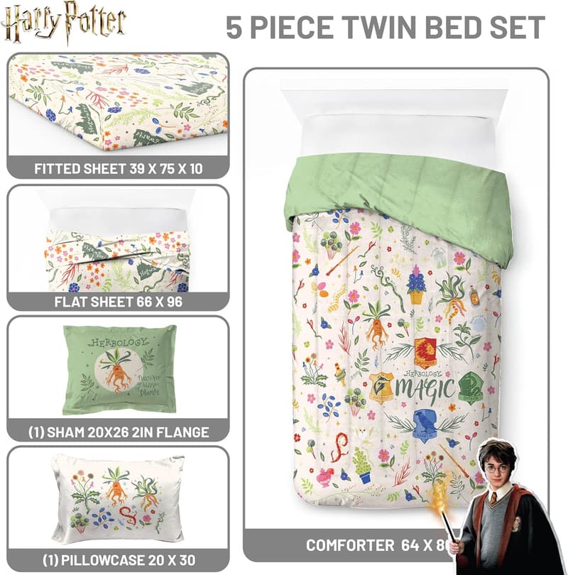 Harry Potter Twin Comforter Set - 5 Piece Hogwarts Bedding