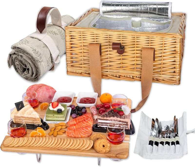 Couples Picnic Basket Set for 4 with Insulated Cooler & Table