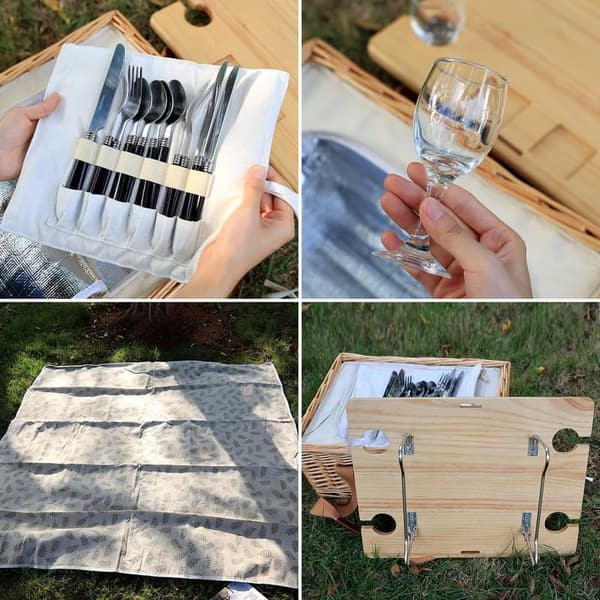 Couples Picnic Basket Set for 4 with Insulated Cooler & Table