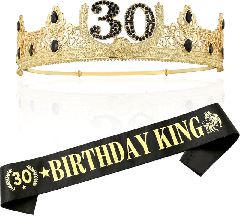 30th Birthday King Crown & Sash Set for Men (Gold)