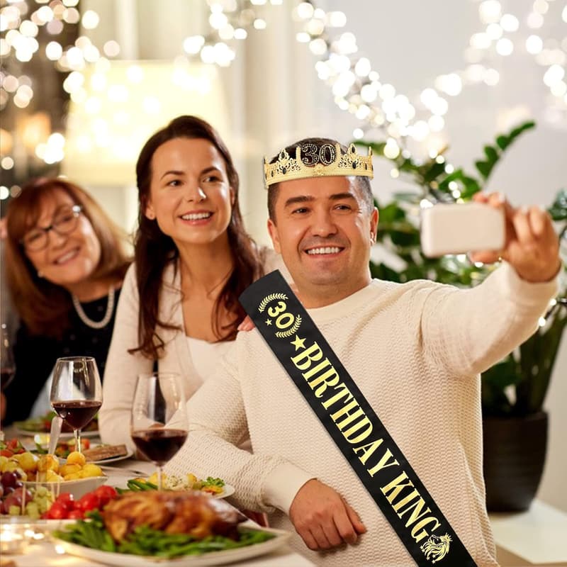 30th Birthday King Crown & Sash Set for Men (Gold)