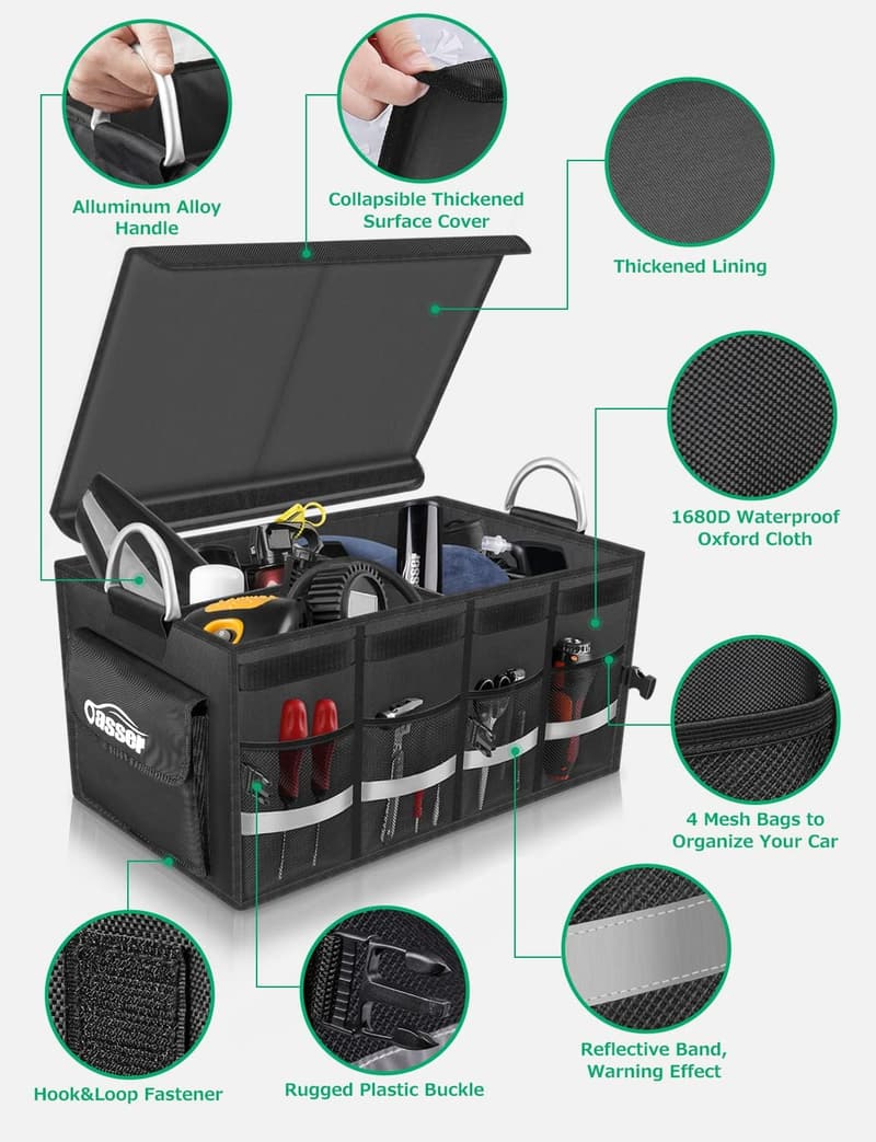 Large Waterproof Collapsible Trunk Organizer with Multi Compartments