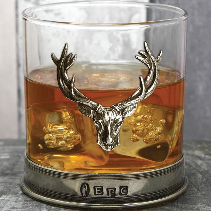 Old Fashioned Whisky Rocks Glass with Pewter Stag Design