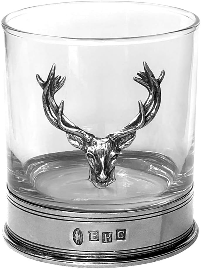 Old Fashioned Whisky Rocks Glass with Pewter Stag Design