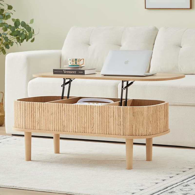 Modern Fluted Oval Lift Top Coffee Table with Hidden Compartment