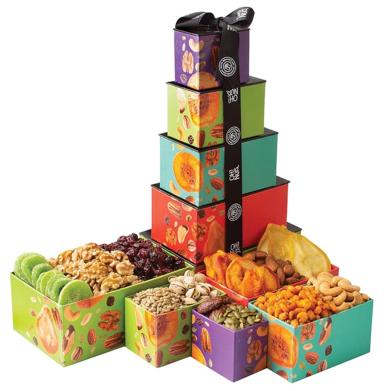 Gourmet Dried Fruit and Nuts Gift Basket Tower for Birthday