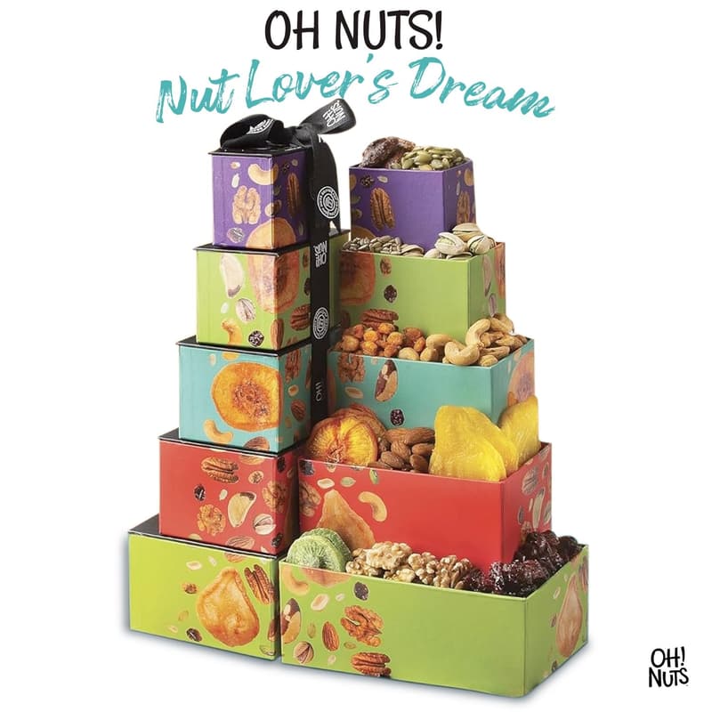Gourmet Dried Fruit and Nuts Gift Basket Tower for Birthday