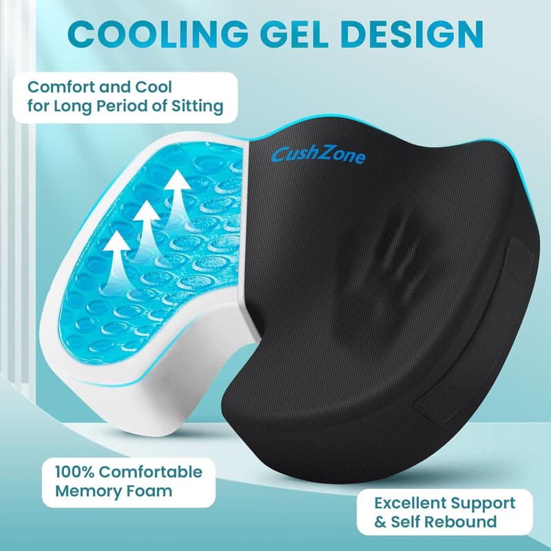 Cooling Gel Memory Foam Seat Cushion for Pain Relief - Black Large