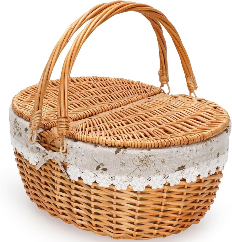 White Picnic Basket with Removable Liner for Outdoor Use