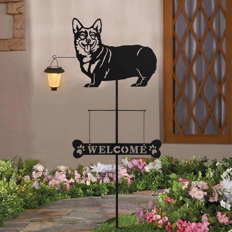 Solar Corgi Welcome Sign with Lantern - Outdoor Garden Decor