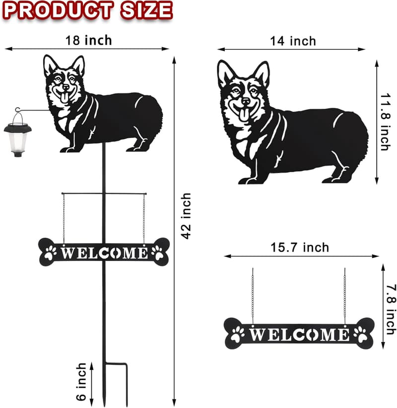 Solar Corgi Welcome Sign with Lantern - Outdoor Garden Decor