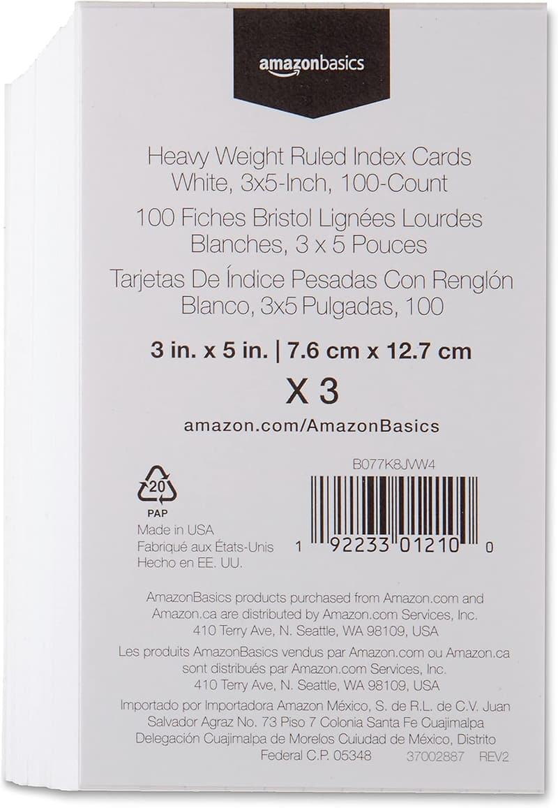 Amazon Basics 3 x 5 Inch Ruled Index Flash Cards, 300 Count