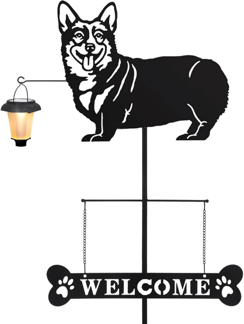 Solar Corgi Welcome Sign with Lantern - Outdoor Garden Decor