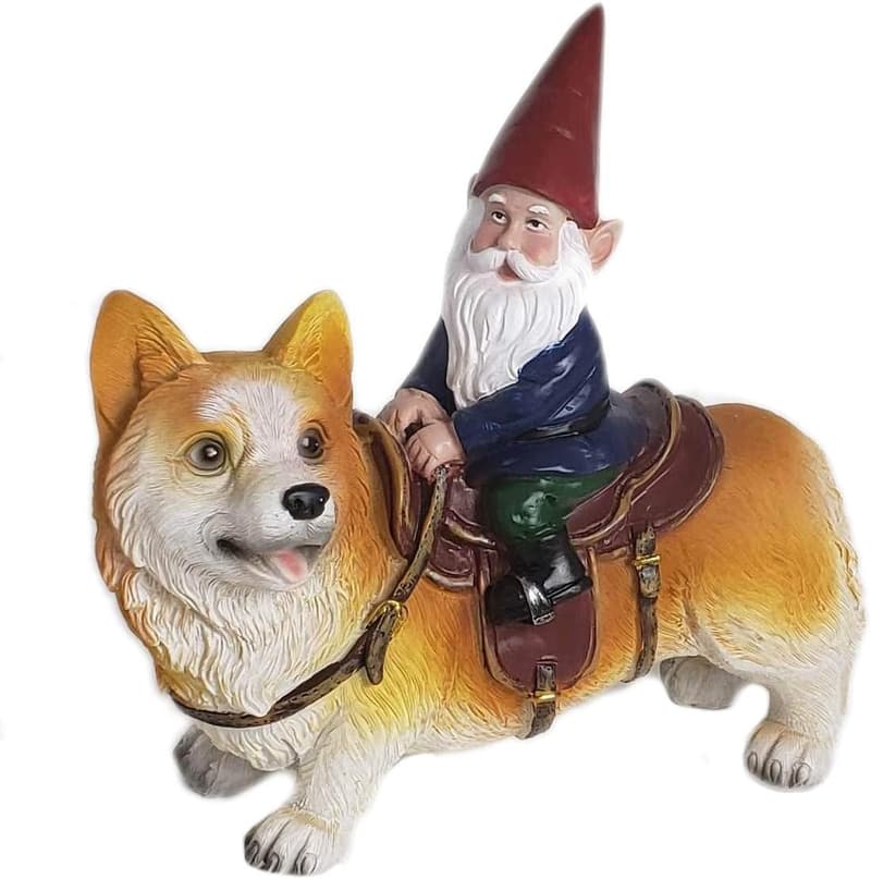 Garden Gnome Riding Corgi Statue for Indoor/Outdoor Decor