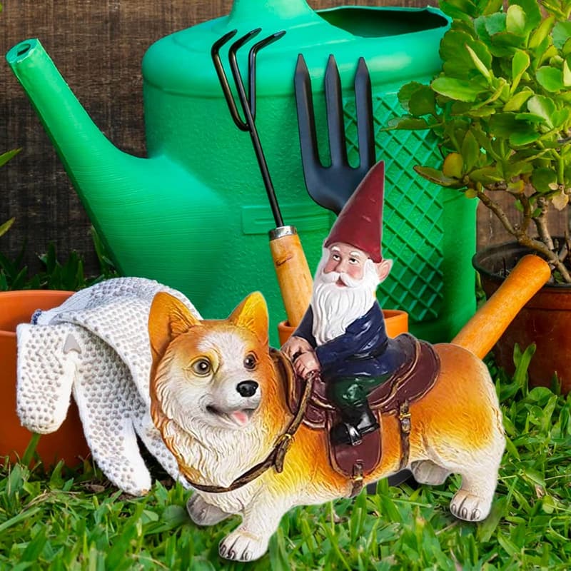 Garden Gnome Riding Corgi Statue for Indoor/Outdoor Decor