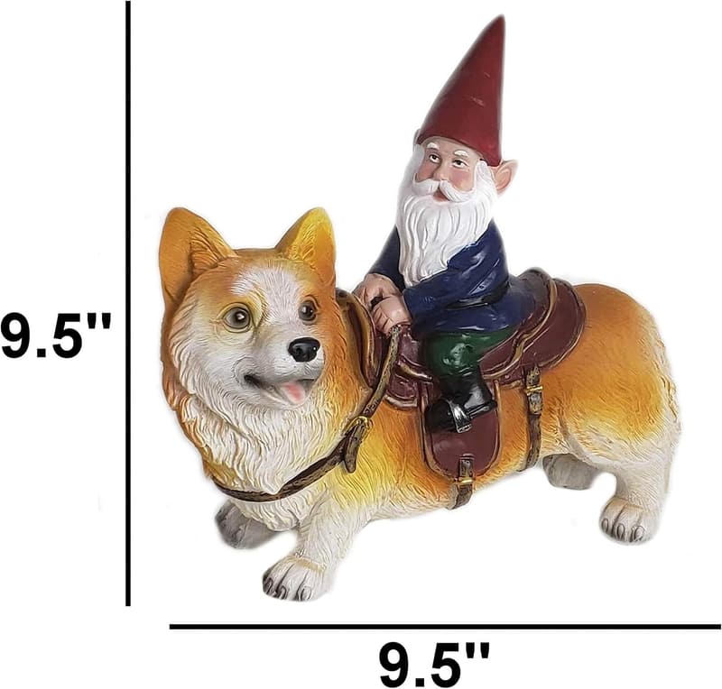 Garden Gnome Riding Corgi Statue for Indoor/Outdoor Decor
