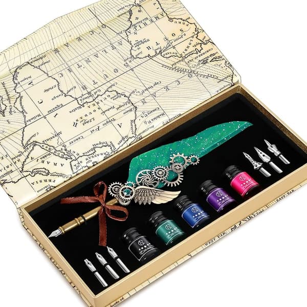Calligraphy Quill Pen Set with 5 Inks & 6 Nibs (Green)