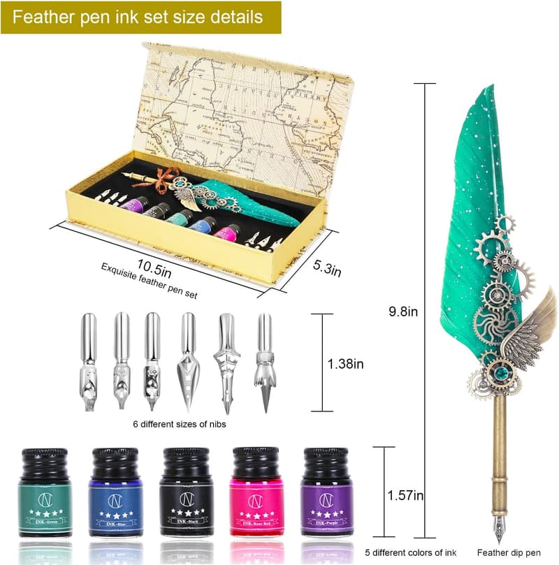 Calligraphy Quill Pen Set with 5 Inks & 6 Nibs (Green)
