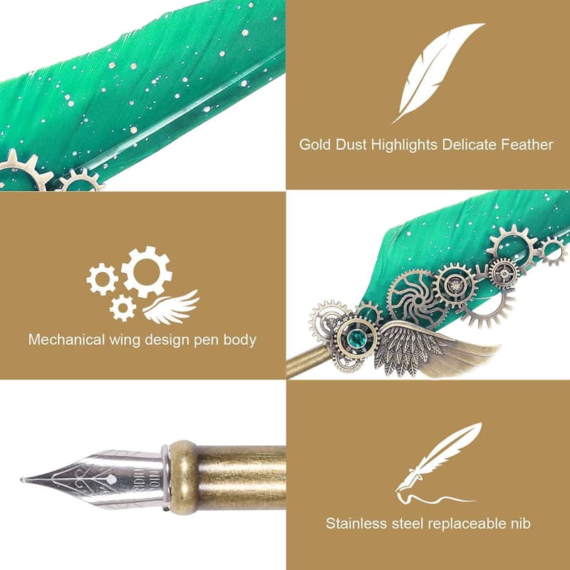 Calligraphy Quill Pen Set with 5 Inks & 6 Nibs (Green)