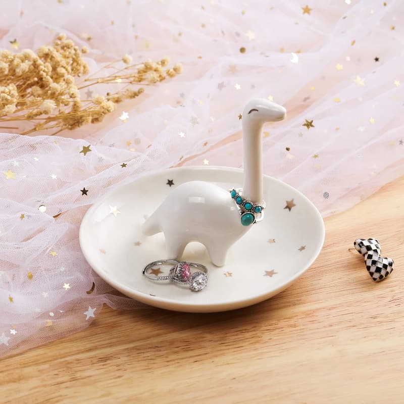 White Dinosaur Ring Holder - Unique Jewelry Dish Organizer for Her