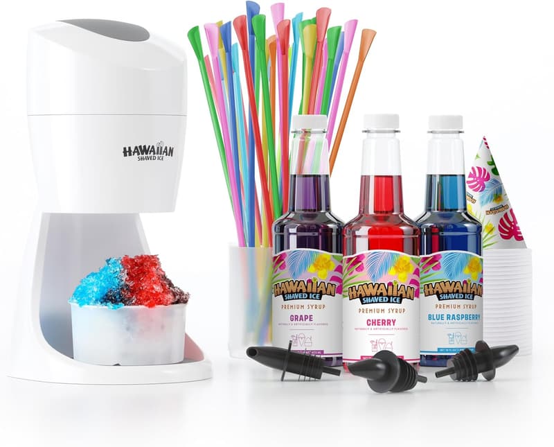 Hawaiian Shaved Ice Machine Kit with 3 Flavors and Accessories