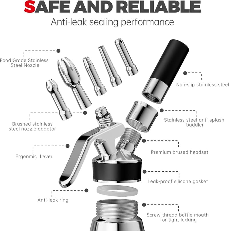 Professional Stainless Steel Whipped Cream Dispenser with Nozzles