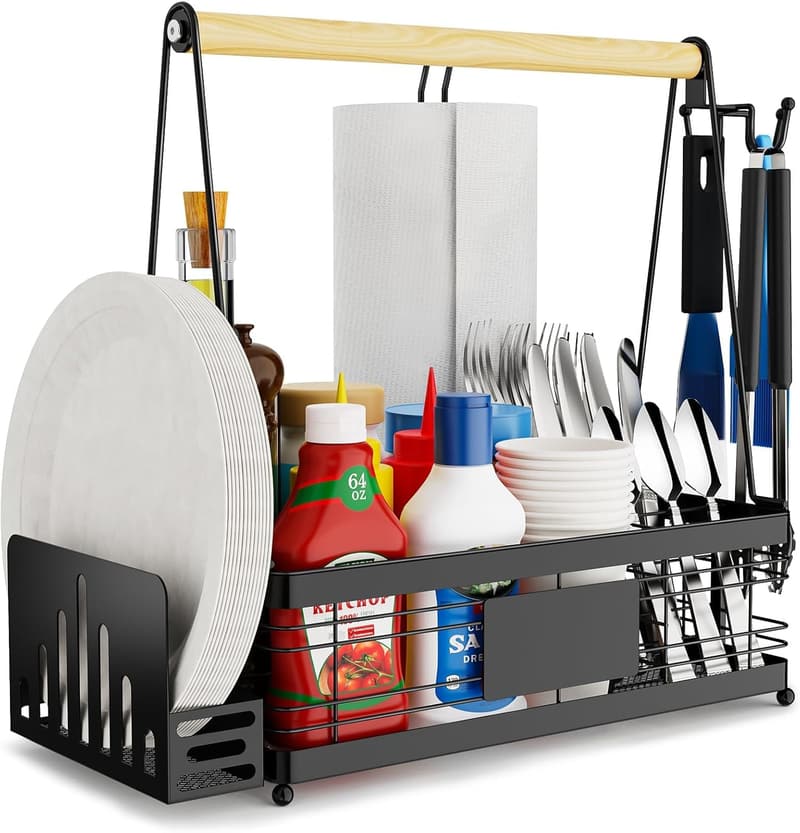 Outdoor Grill Caddy with Plate & Towel Holder for BBQs