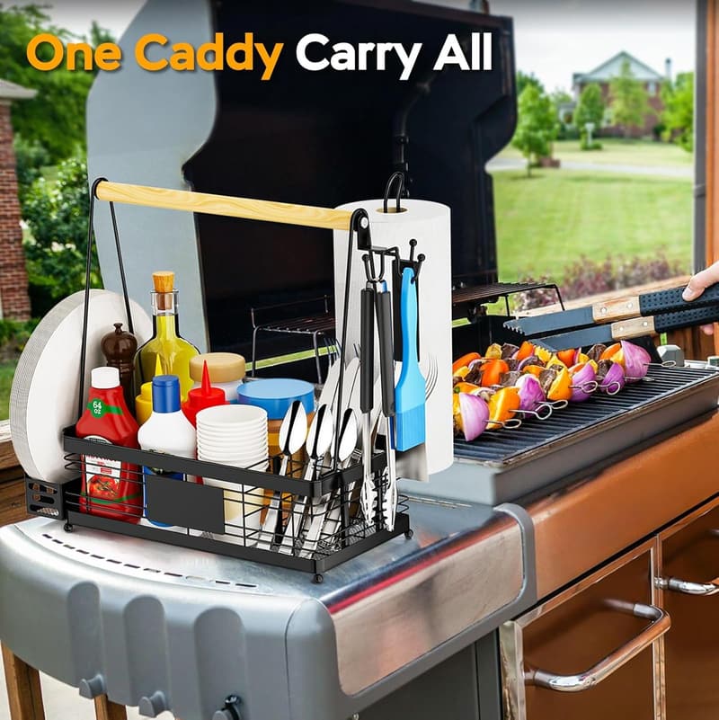 Outdoor Grill Caddy with Plate & Towel Holder for BBQs