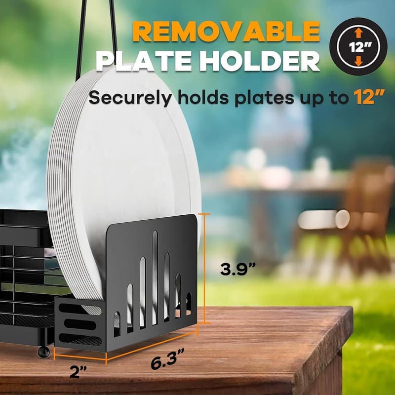 Outdoor Grill Caddy with Plate & Towel Holder for BBQs