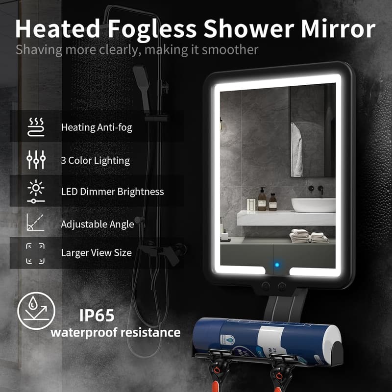 Heated Fogless Shower Mirror with 3-Color Lights and Storage Tray