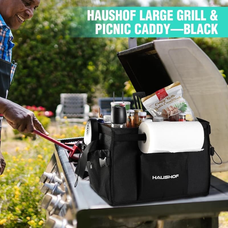 Outdoor BBQ Organizer - Foldable Grill Caddy with Towel Holder