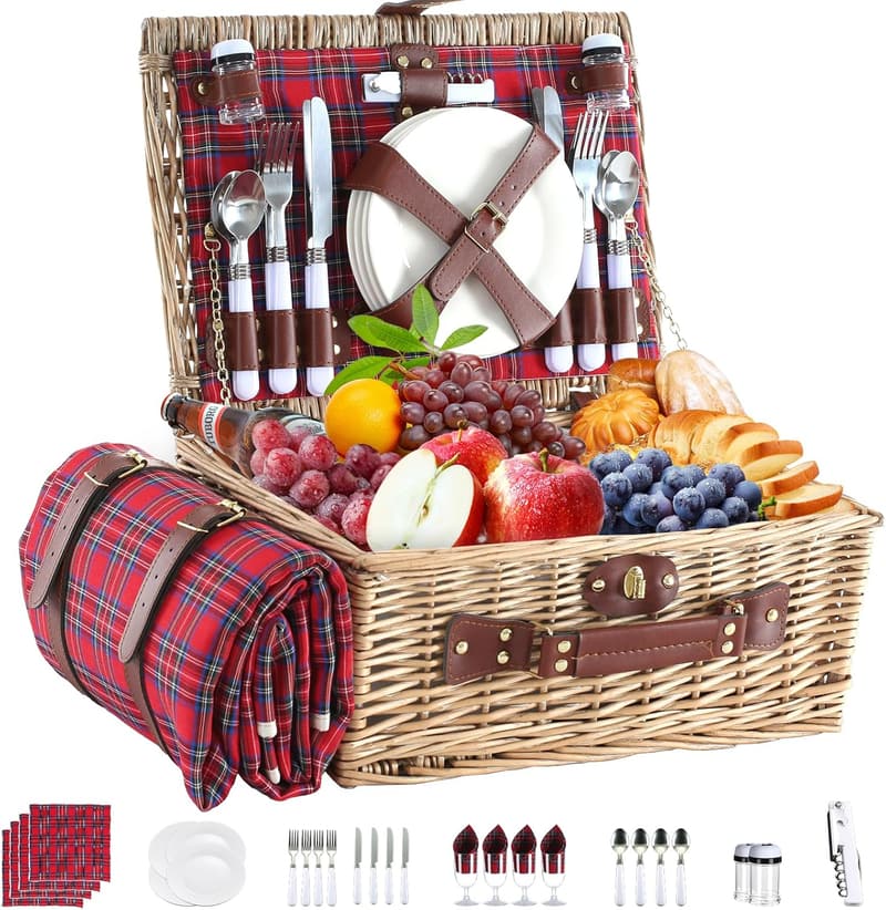Insulated Willow Picnic Basket Set for 4 with Waterproof Mat