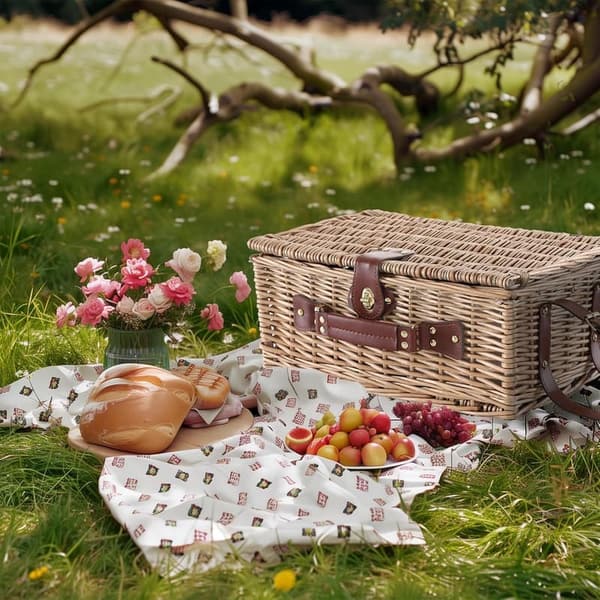 Insulated Willow Picnic Basket Set for 4 with Waterproof Mat