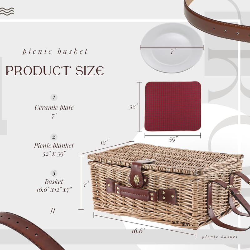 Insulated Willow Picnic Basket Set for 4 with Waterproof Mat