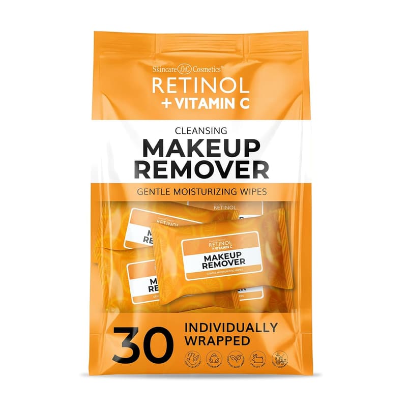 Travel Makeup Remover Wipes with Retinol & Vitamin C - 30 Pack