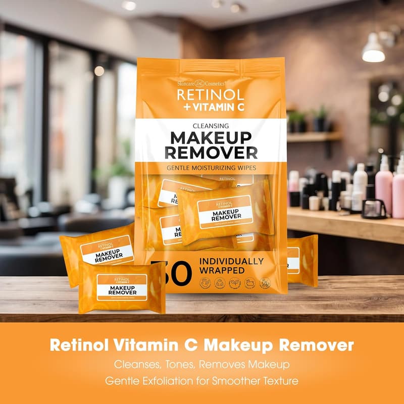 Travel Makeup Remover Wipes with Retinol & Vitamin C - 30 Pack