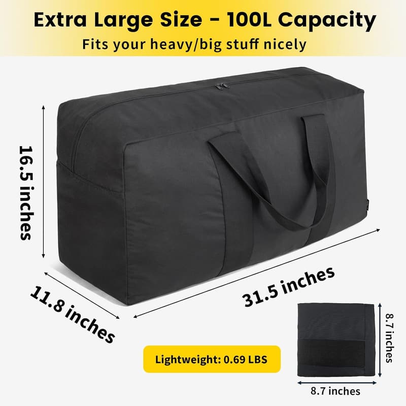 Extra Large Foldable Duffle Bag for Travel - 100L Black