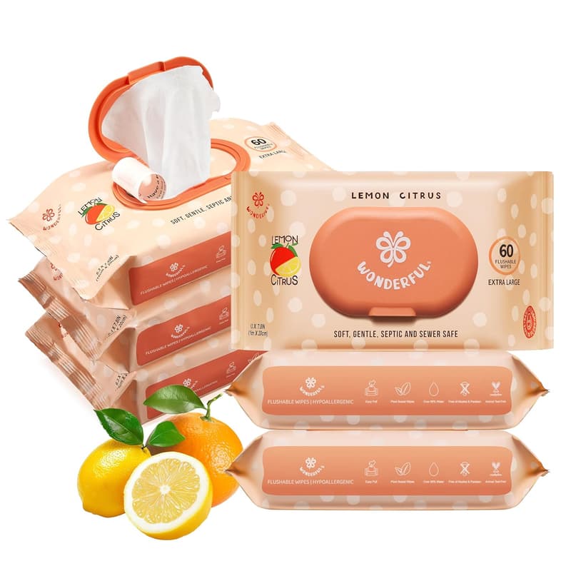 Flushable Plant-Based Lemon Citrus Butt Wipes - Gentle & Safe, 6-Pack