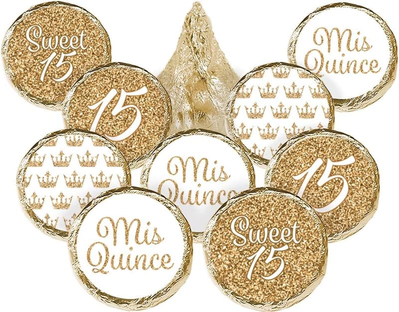 Quinceañera Party Favor Stickers, White & Gold - 180 Count