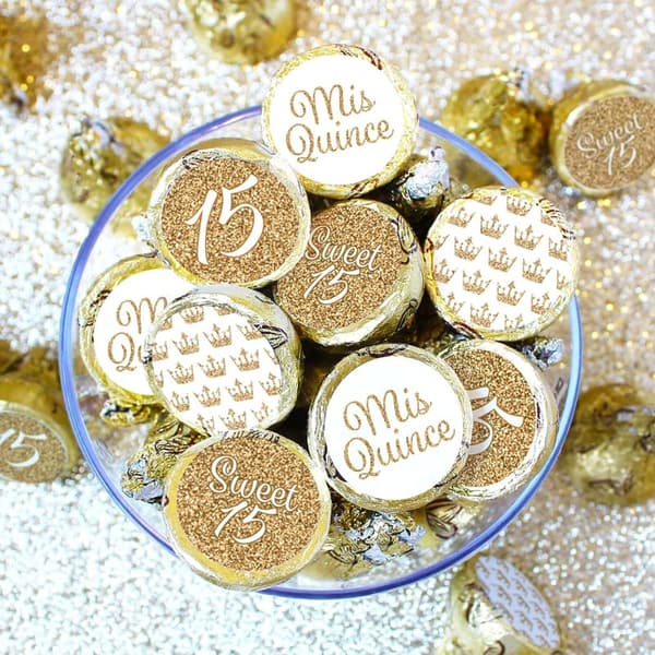 Quinceañera Party Favor Stickers, White & Gold - 180 Count
