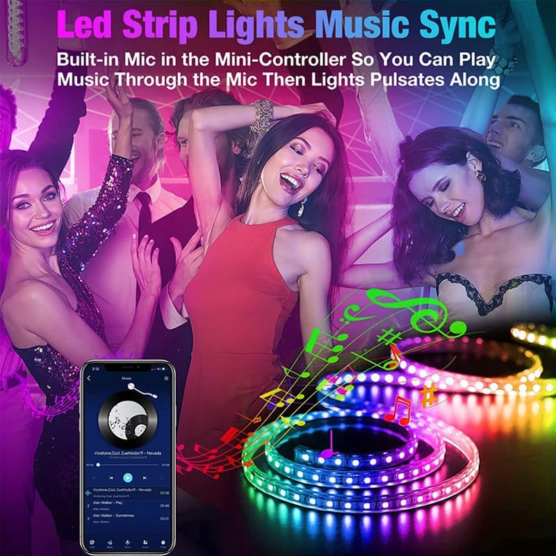 Bluetooth RGB LED Strip Lights – 100ft Music Sync with App Control