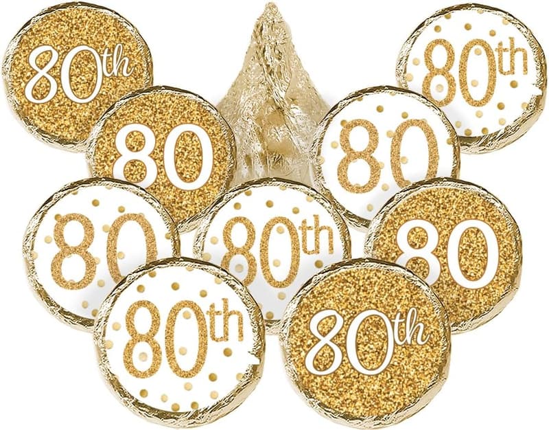 80th Birthday Party Stickers - Gold & White Candy Labels (180)