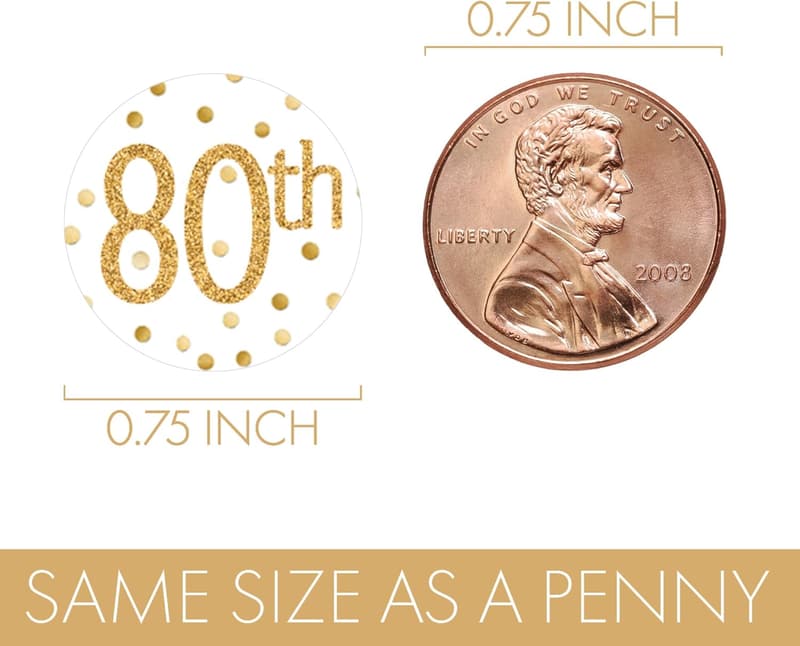 80th Birthday Party Stickers - Gold & White Candy Labels (180)